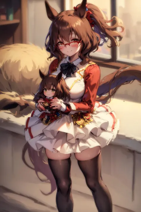 masterpiece, best quality, 
aston machan \(umamusume\),
full body, standing, smile, holding doll, character doll, 
brown thighhighs, white loafer, bespectacled, red-framed eyewear, red jacket, white shirt, collared shirt, black bowtie, long sleeves, straps between breasts, skirt, white dress,
<lora:aston_machan_lora:0.8>