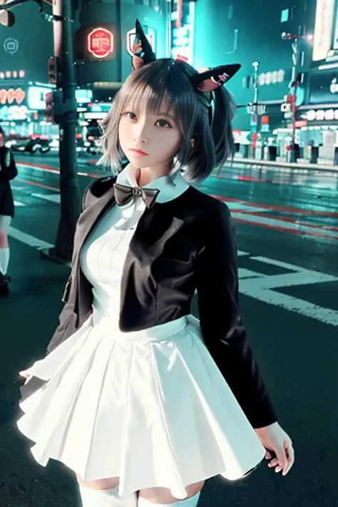 (photorealistic), (cinematic still shot), cinematic photography, cyberpunk, masterpiece, extremely detailed, best quality, original, dynamic posture, dynamic angle

<lora:astonMachanUmamusume_v10:0.8>, aston machan \(umamusume\), red jacket, white shirt, collared shirt, black bowtie, long sleeves, straps between breasts, skirt, white dress, brown thighhighs, white loafer, 

 <lora:koreanDollLikeness_v10:0.6>