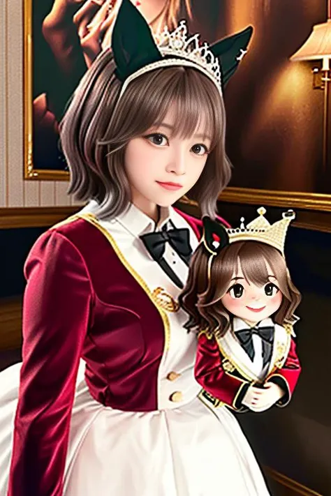 (photorealistic), (cinematic still shot), cinematic photography, masterpiece, extremely detailed, best quality, original, dynamic posture, dynamic angle

<lora:astonMachanUmamusume_v10:0.8>, aston machan \(umamusume\), umamusume, horse ears, hair ornament, red jacket, white shirt, collared shirt, black bowtie, long sleeves, straps between breasts, skirt, white dress, brown thighhighs, white loafer, holding doll, character doll, red hat crown

 <lora:koreanDollLikeness_v10:0.6>