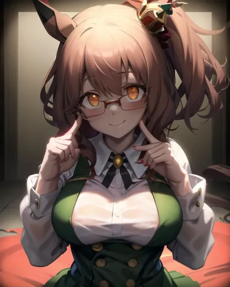 ((masterpiece, best quality))
aston machan \(umamusume\),
smile, large breasts, upper body, 
long sleeves, white shirt, frills, green skirt, button, black thighhighs, suspender, 
espectacled, red-framed eyewear, red hat crown, 
crazy eyes, glowing eye, 
 <lora:astonMachanUmamusume_v10:0.6> <lora:crazy face_constricted pupils_crazyExpressions:0.8>