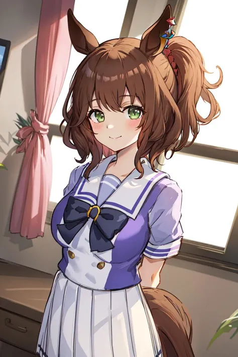 1girl, horse ears, animal ears, tracen school uniform, school uniform, crown, brown hair, solo, green eyes, horse girl, breasts, skirt, white skirt, window, pleated skirt, looking at viewer, indoors, smile, chair, arms behind back, large breasts, purple shirt, mini crown, medium hair, scrunchie, hair ornament, short sleeves, shirt, bowtie, sailor collar, bow, horse tail, red scrunchie, side ponytail, puffy short sleeves, puffy sleeves, curtains, serafuku ,<lora:aston_machan_lora:0.8>