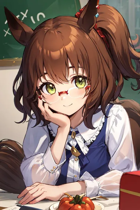 1girl, horse ears, animal ears, glasses, solo, horse girl, brown hair, looking at viewer, smile, hair ornament, medium hair, bespectacled, green eyes, breasts, yellow eyes, side ponytail,<lora:aston_machan_lora:0.8>,aston machan \(umamusume\)