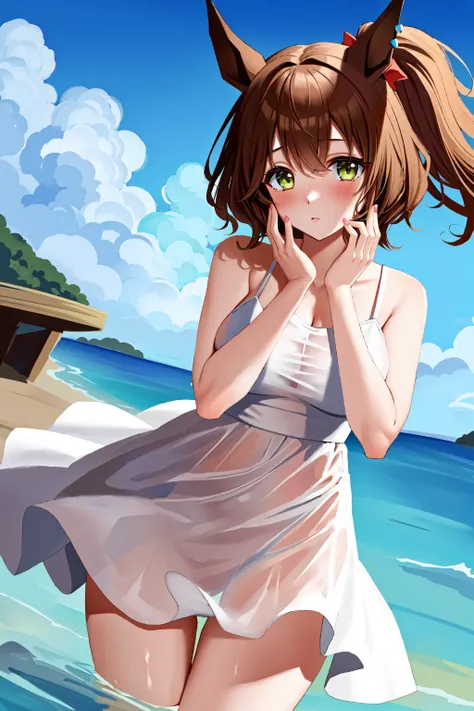 masterpiece, best quality, best aesthetic, ultra-detailed, aston machan \(umamusume\), (white sundress, see-through:1.5), <lora:aston_machan_lora:0.7>, cowboy shot, nice hands, <lora:nice_hands:1>, thigh gap, ocean, wading, blush, hands on own face,