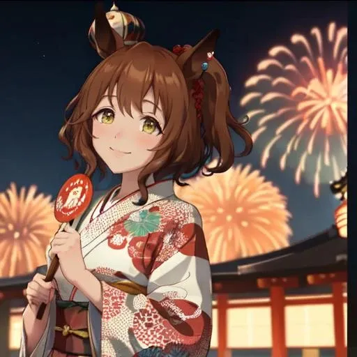 masterpiece, best quality, close up, cowboy shot,
aston machan \(umamusume\), smile, looking at viewer, night, fireworks,
wears japanese kimono, wafuku, holding japanese fan, uchiwa,
<lora:aston_machan_lora-000008:0.8>