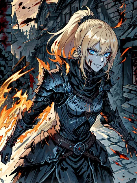 nightmare , warrior woman, ominous smile, blue eyes, blond ponytail hair, low detailed armor, lot of blood, covered in blood, dark armor, dynamic pose, action pose, medieval battlefield, medieval city on fire background, (masterpiece), best quality, high quality, extremely detailed, expressive eyes, perfect face, dark, night, <lora:fantasyV1.1:0.7>