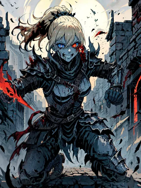 nightmare , warrior woman, madness face, ominous smile, blue eyes, blond ponytail hair, low detailed armor, lot of blood, covered in blood, dark armor, fighting, dynamic pose, action pose, medieval battlefield, medieval city on the background, (masterpiece), best quality, high quality, extremely detailed, expressive eyes, perfect face, dark, night, <lora:fantasyV1.1:0.7>