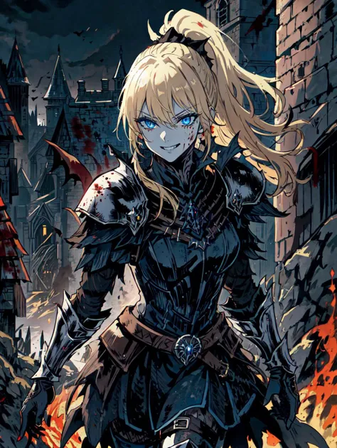 dark fantasy, warrior woman, ominous smile, blue eyes, blond ponytail hair, dark armor, dynamic pose, medieval battlefield, medieval city on the background, (masterpiece), best quality, high quality, extremely detailed, expressive eyes, perfect face, dark, night, lot of blood, covered in blood, <lora:fantasyV1.1:0.7>