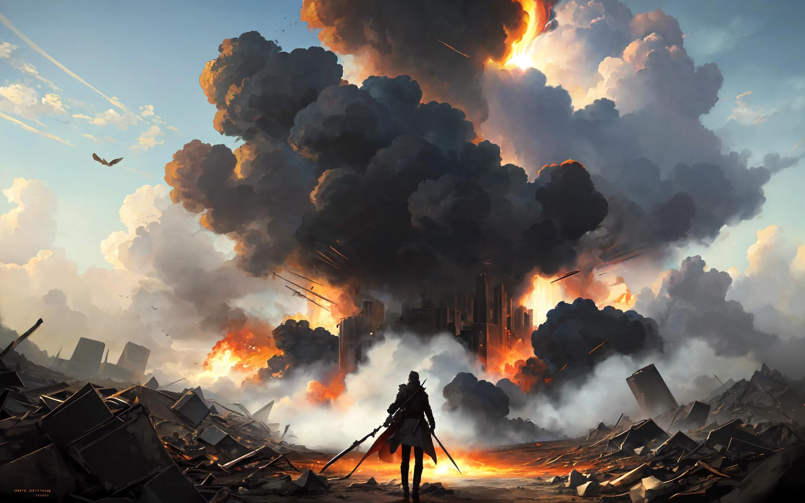 she slams a metal rod taller than the vampire, a war scythe folds out from the metal rod, the vampires explodes into guts and dust (best quality:1.27), (masterpiece:1.27), (highres:1.20), (digital art:1.20), (disaster art:1.25), (apocalyptic art style:1.28) <Asteroid impacts with a bright explosion and massive shockwave of dust and wind (best quality:1.27), (masterpiece:1.27), (highres:1.20), (digital art:1.20), (digital illustration:1.20), (anime-art:1.25)