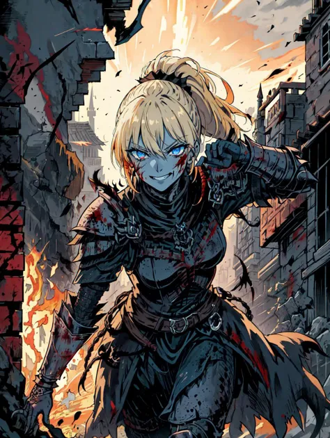 nightmare , warrior woman, ominous smile, blue eyes, blond ponytail hair, low detailed armor, lot of blood, covered in blood, dark armor, dynamic pose, action pose, medieval battlefield, medieval city on fire background, (masterpiece), best quality, high quality, extremely detailed, expressive eyes, perfect face, dark, night,  <lora:fantasyV1.1:0.7>