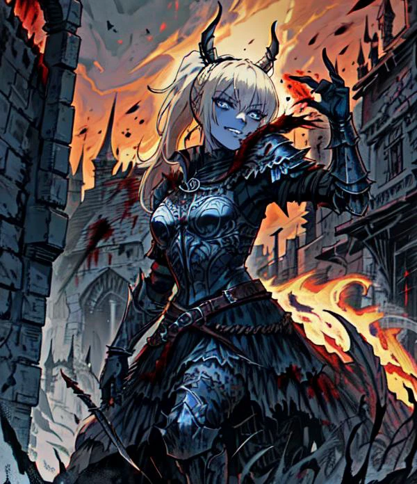 dark fantasy art style, nightmare , warrior woman, ominous smile, blue eyes, blond ponytail hair, low detailed armor, lot of blood, covered in blood, dark armor, dynamic pose, action pose, medieval battlefield, medieval city on fire background, (masterpiece), best quality, high quality, extremely detailed, expressive eyes, perfect face, dark, night, <lora:fantasyV1.1:0.7>