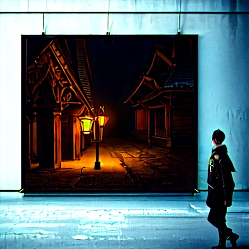 (from side), [wide shot], [isometric], poster, midnight, lantern, dynamically lit, 2boys, 2girls, character focus, walking, cold, ((absurd res)), extremely intricate clothing, 8k,