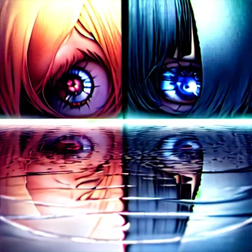 side-by-side, close-up, style of 1999 anime thumbnail, holding sword vertically over eye, (reflection), 2girls, ((absurd res)), extremely detailed eyes, 8k, perspective, octane render