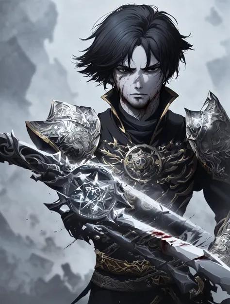 ((extremely detailed:1.22) two lethal swordsmen of darkness dueling to the death in the phantom ruins:1.22), (loses limb:1.08), (blood gushing:1.11), (Facing each other:1.06), (Full Contact:1.06), (Stabbed:1.04), (One has white eyes and black hair the other has black eyes and white hair:1.20), (they're wearing unique (ultra detailed:1.22) dark fantasy armor:1.22), (wounded:1.14), high intensity, (swords daggers and magic:1.17), (magic circles:1.10), (2021 anime art style:1.25), (digital illustration:1.20), (dark fantasy:1.15), (digital art:1.20), (splash art style aesthetic:1.15), (dramatic angle:1.15), (masterpiece:1.25), (best quality:1.25), (highres:1.25), 8k, (intricately detailed:1.22), (exquisite line art:1.16)