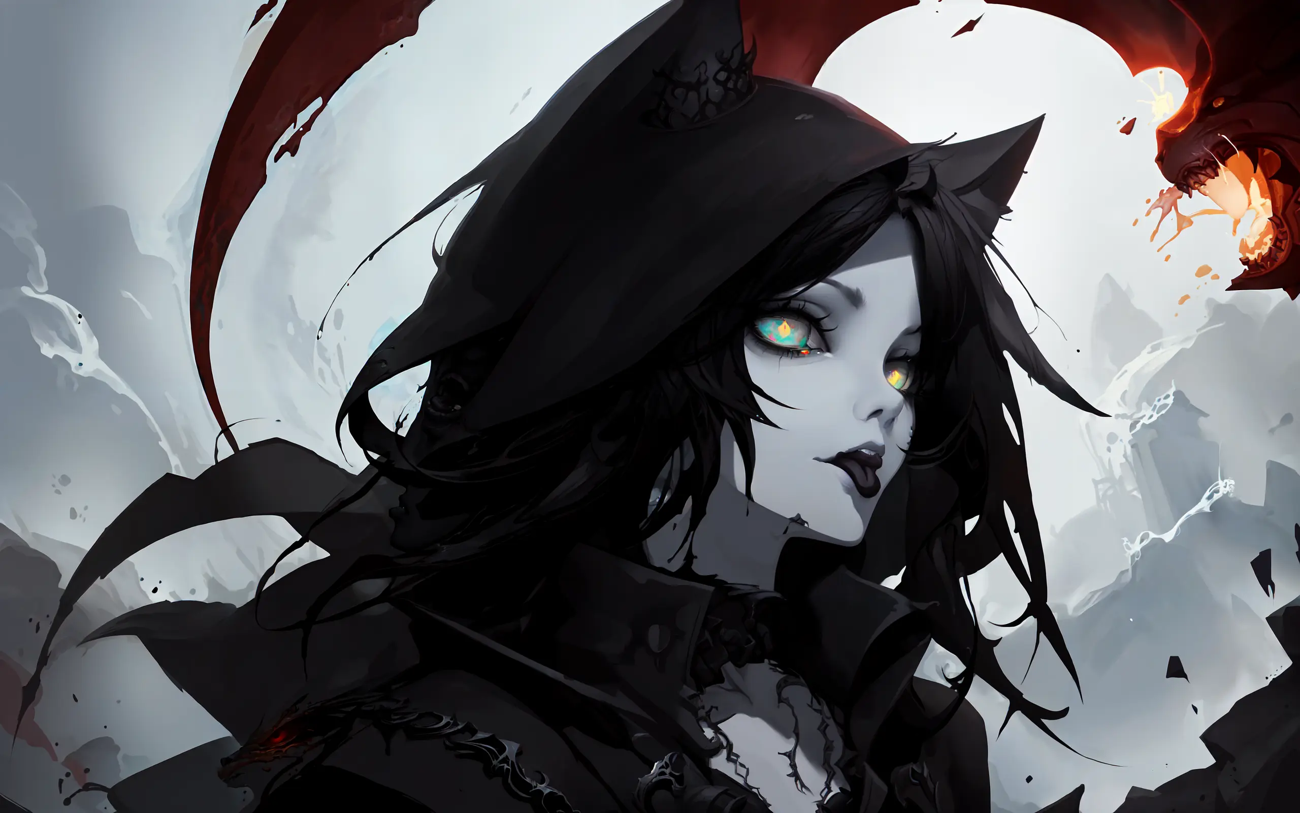 she slams a metal rod taller than the vampire, a war scythe folds out from the metal rod, the vampires explodes into guts and dust (best quality:1.27), (masterpiece:1.27), (highres:1.20), (digital art:1.20), (grimdark illustration:1.25), (Nu-Goth Art Style:1.28) she garrotes the Lord asleep in his bed with a short Katana and blood jets gush from his wounds>, solo, her cat-like amber eyes glow gently in the dark, licking her lips in anticipation (best quality:1.27), (masterpiece:1.27), (highres:1.20), (digital art:1.20), (digital illustration:1.20), (anime-art:1.25)