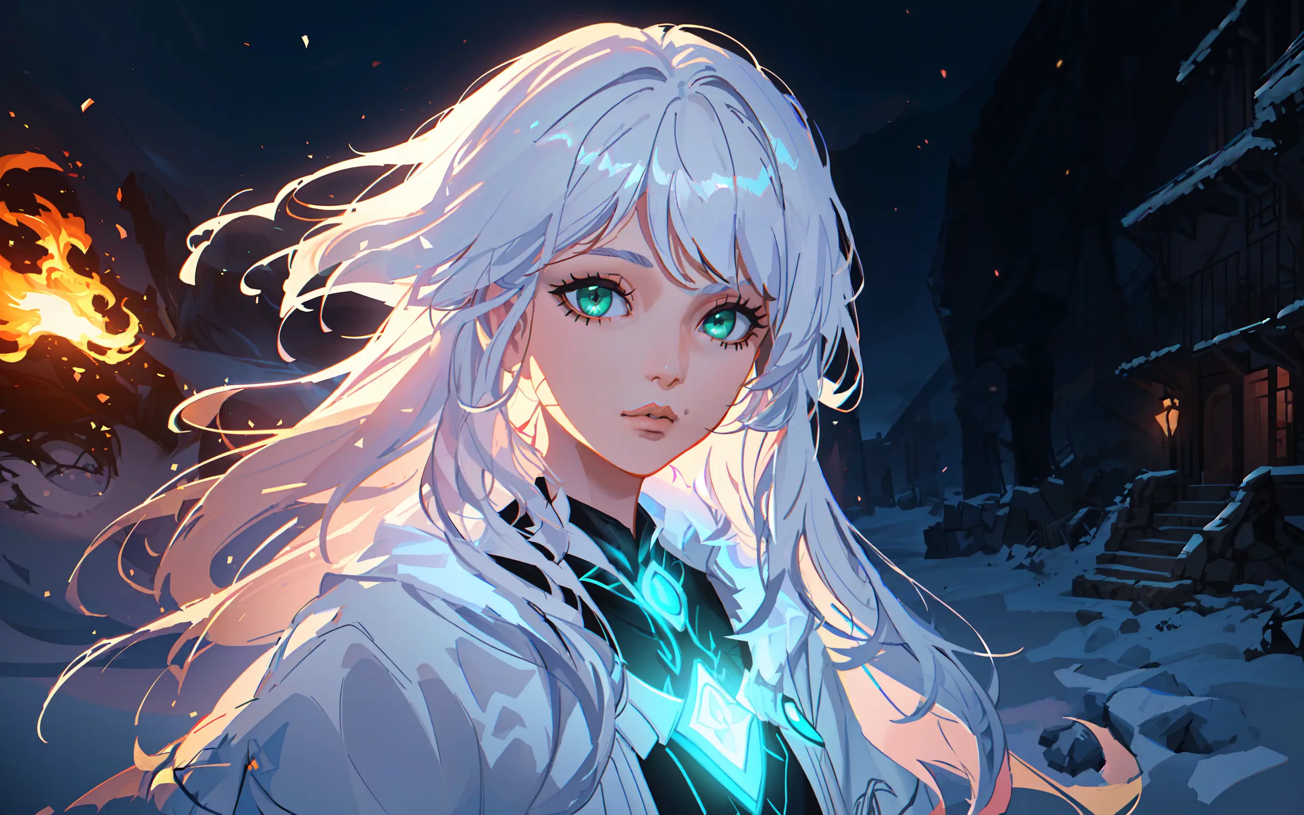 (beautiful young woman pyrokinetic:1.2), (in a dark fantasy ancient village at the winter cold north:1.15), ("emerald green eyes, long white silky loose flowing hair, sharp chin, feminine face":1.17), (dark fantasy art:1.1), (splash art:1.1), (2.5d:1.2), (digital art:1.18), (digital illustration:1.18), (Cinematic Lighting:1.11), (Cowboy Shot:1.13), (masterpiece:1.2), (best quality:1.2), 8k, HDR
