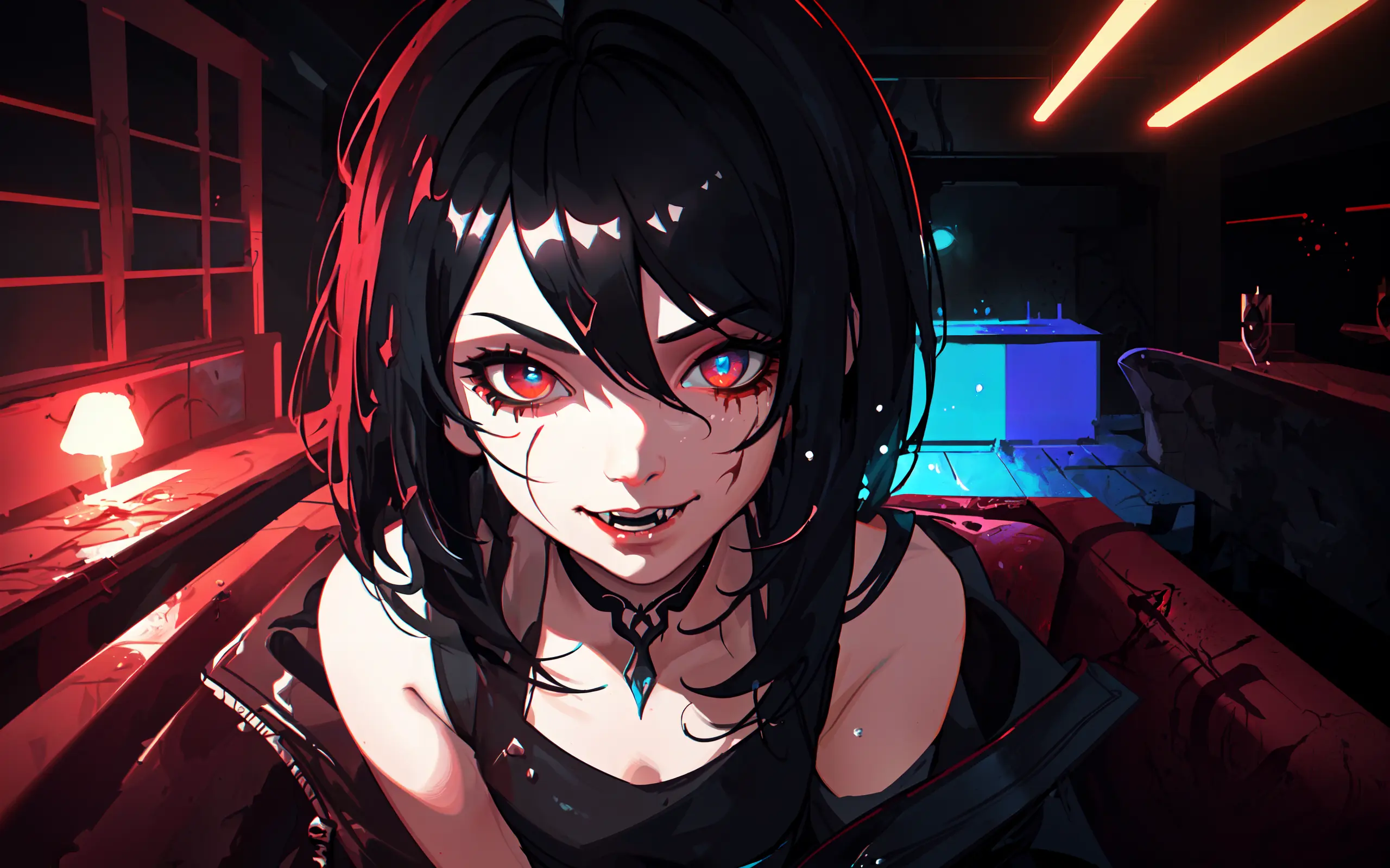 1girl, woman, gorgeous, (vampire:1.15), (medium neck length black silky hair with red highlights and faded ends:1.15), (red shimmering eyes:1.1), black and white gothic casual dressing, (inside vip club section:1.1), fangs visible, blood stains on lips and cheek, evil smile, mischievous eyes, neon lights, strobe lighting, (digital art:1.2), (digital illustration:1.2), (gothic fantasy art:1.15), (splash art style infusion:1.15), pseudorealism, (2.5D Illustration:1.1), overhead pulsing lights, ZBrush Render, Autodesk Maya, HDR, 8k