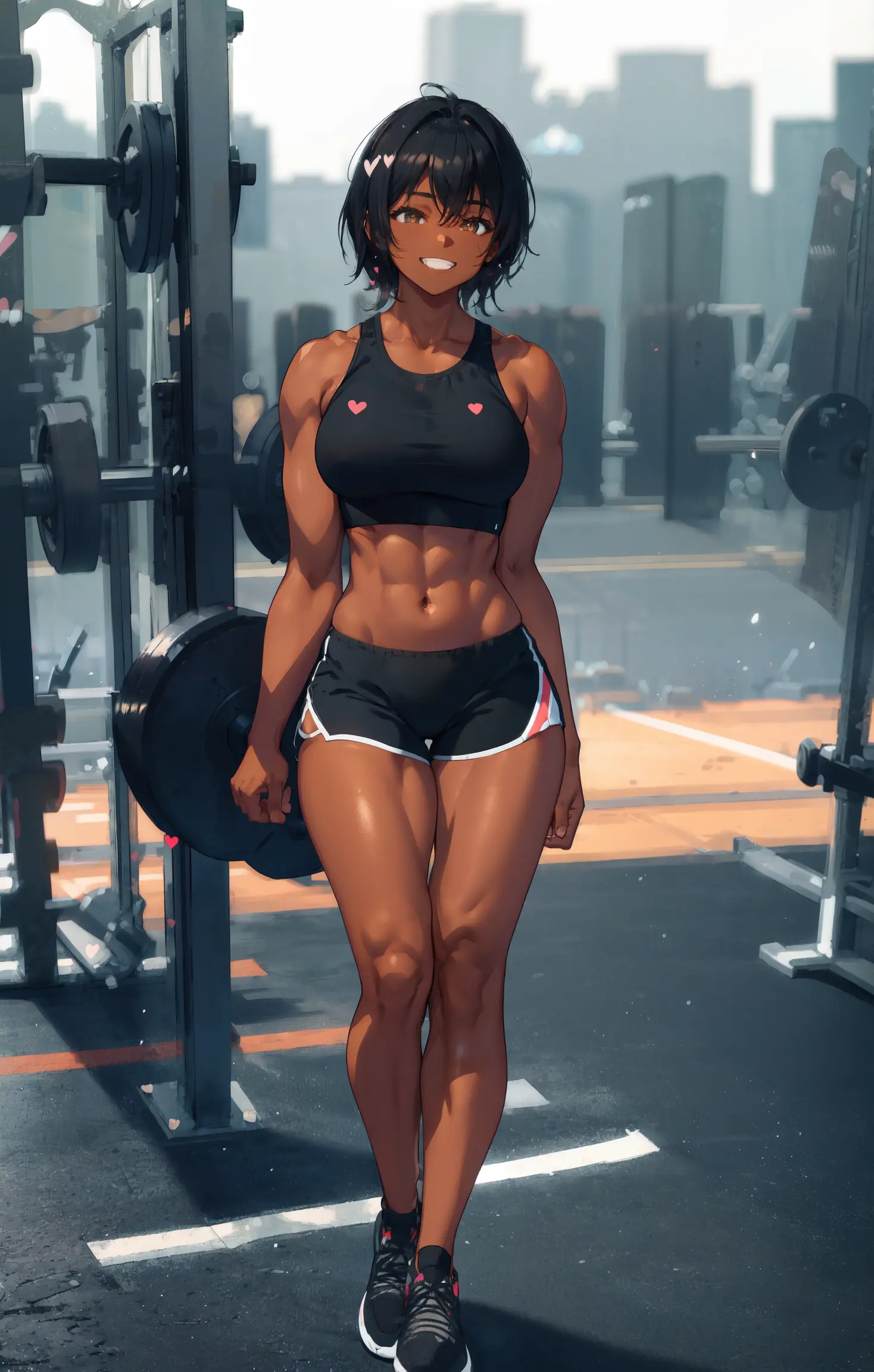 (outside:1.5), cinematic, depth of field, blurry background, light particles, (heart particles:1.2)
upper body, full body, a slightly dark skin girl, tomboy, standing, defined physique, thick thighs, broad shoulders
wearing black and very tight gym clothing,(black gym crop top and black gym shorts:1.2), sleeveless
cute face, (smiling:1.1),
(sparkling golden eyes), looking at viewer
(black short buzzcut hair:1.1), (black hair:1.4), (buzzcut:1.5)
(splash art:1.1), (2.5d:1.2), (digital art:1.18), (digital illustration:1.18), (Cinematic Lighting:1.11), (light particles:1.1), (Cowboy Shot:1.13), (masterpiece:1.2), (best quality:1.2), 8k, HDR <lora:bf34ArtsStyleLoraBeta_v10:0.6>