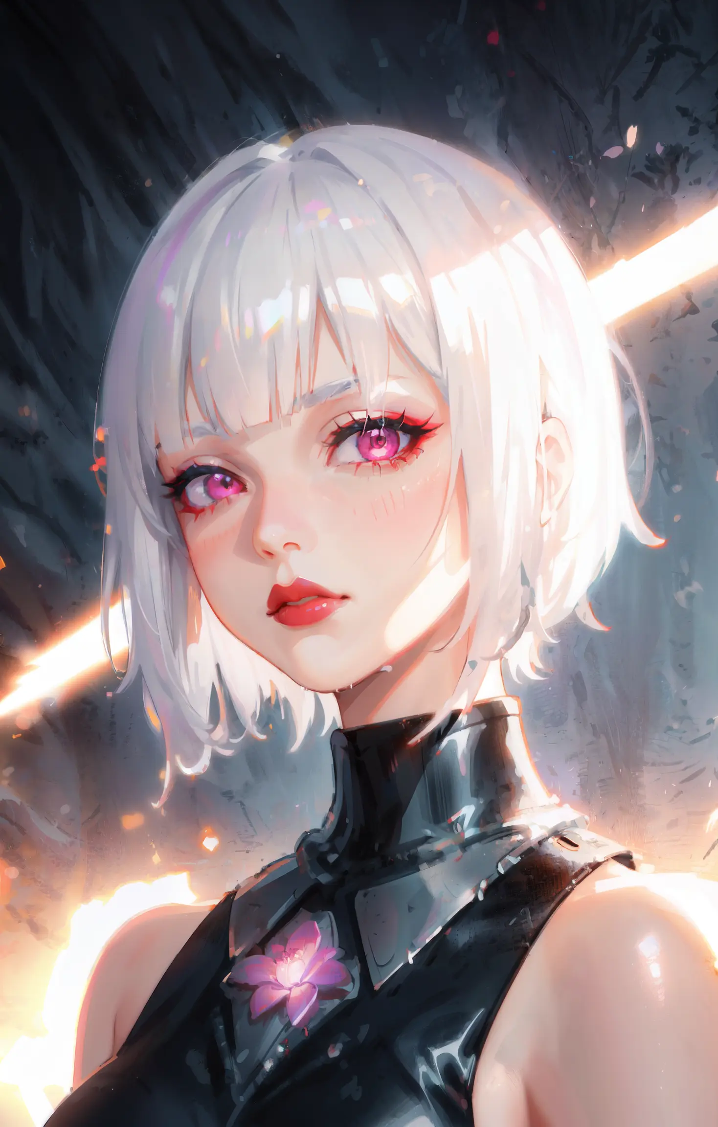 (volumetric light, bloom:1.2), detailed background, best quality, masterpiece, cinematic lighting, highly detailed, (illustration:1.6), (drawn:1.2),
(1girl:1.1), solo, white hair, blunt bangs, short hair, red lipstick, pink eyes,
purple futuristic clothing,
smug, head tilt,
(splash art:1.1), (2.5d:1.2), (digital art:1.18), (digital illustration:1.18), (Cinematic Lighting:1.11), (light particles:1.1), (Cowboy Shot:1.13), (masterpiece:1.2), (best quality:1.2), 8k, HDR <lora:bf34ArtsStyleLoraBeta_v10:0.6>