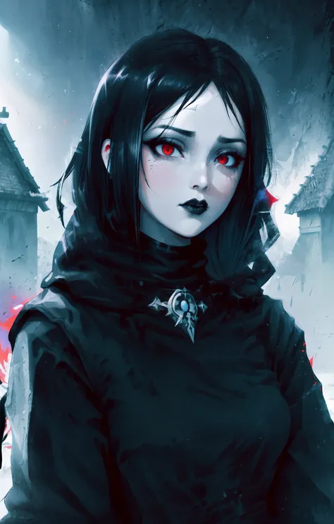 upper body, portrait, face focus, 1girl, (red eyes:1.2), black hair, dark gothic fantasy robe, makeup, streaked hair, black eyeliner, black lips <lora:eyesgenLoraWIP_v1:0.4>, <lora:gothGirlLora_v10:0.6>, gothic girl (in a dark fantasy ancient village at the winter cold north:1.15),(sharp chin, feminine face":1.17), (dark fantasy art:1.1), (splash art:1.1), (2.5d:1.2), (digital art:1.18), (digital illustration:1.18), (Cinematic Lighting:1.11), (Cowboy Shot:1.13), (masterpiece:1.2), (best quality:1.2), 8k, HDR <lora:bf34ArtsStyleLoraBeta_v10:1>