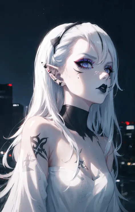 Portrait, upper body, 1girl, pointy ears, wearing white loose tshirt, makeup, streaked hair, from below, disdain, tattoos, black eyeliner, (black lipstick:1.3), ear piercings, urban, outside, night, dark, darkness, night sky, stunning environment, looking at viewer, detailed face, scenic, breathtaking, 4k uhd, HQ, intricate, max detail, completely flat chested,
(splash art:1.1), (2.5d:1.2), (digital art:1.18), (digital illustration:1.18), (Cinematic Lighting:1.11), (light particles:1.1), (Cowboy Shot:1.13), (masterpiece:1.2), (best quality:1.2), 8k, HDR <lora:bf34ArtsStyleLoraBeta_v10:0.6>