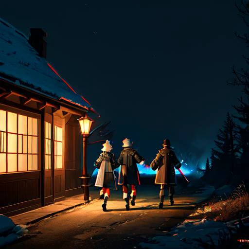 (from side), [wide shot], [isometric], poster, midnight, lantern, dynamically lit, 2boys, 2girls, character focus, walking, cold, ((absurd res)), extremely intricate clothing, 8k,