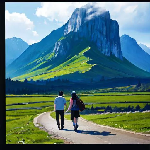 (from side), (very wide shot), 1boy, 1girl, vignetting, fading border, walking, breathtaking scenery, noon, ((absurd res))