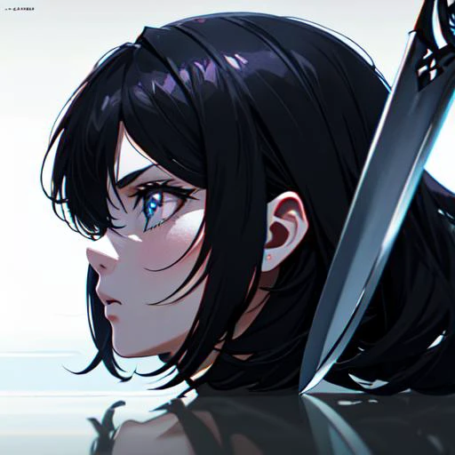 (from side), close-up, style of 1999 anime thumbnail, holding sword vertically over eye, (reflection), 2girls, ((absurd res)), extremely detailed eyes, 8k, perspective, octane render