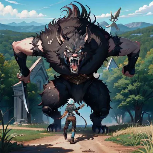 (1boy:1.5), (from above:1.0), (from side:0.7), warriors battling bandit:(goblin:0.5):0.2, (brutal melee:0.8), locked in combat clashing blades, (sverd:1.5) dueling, blade in focus, (heavy downward thump:1.2), (fearsome enemy jackalope attacking:0.7), (foreshortening:0.1), (wilderness:0.2) battlefield:craggy background:0.35, (brown:0.5), (noon:0.9), (illustrated adventurer:0.4), (grizzled ruffian:0.6), (drone camera footage:0.9), (gnarly wicked (fantasy:0.6) beast:0.9), (close combat:0.3), face to face intense struggle, close up