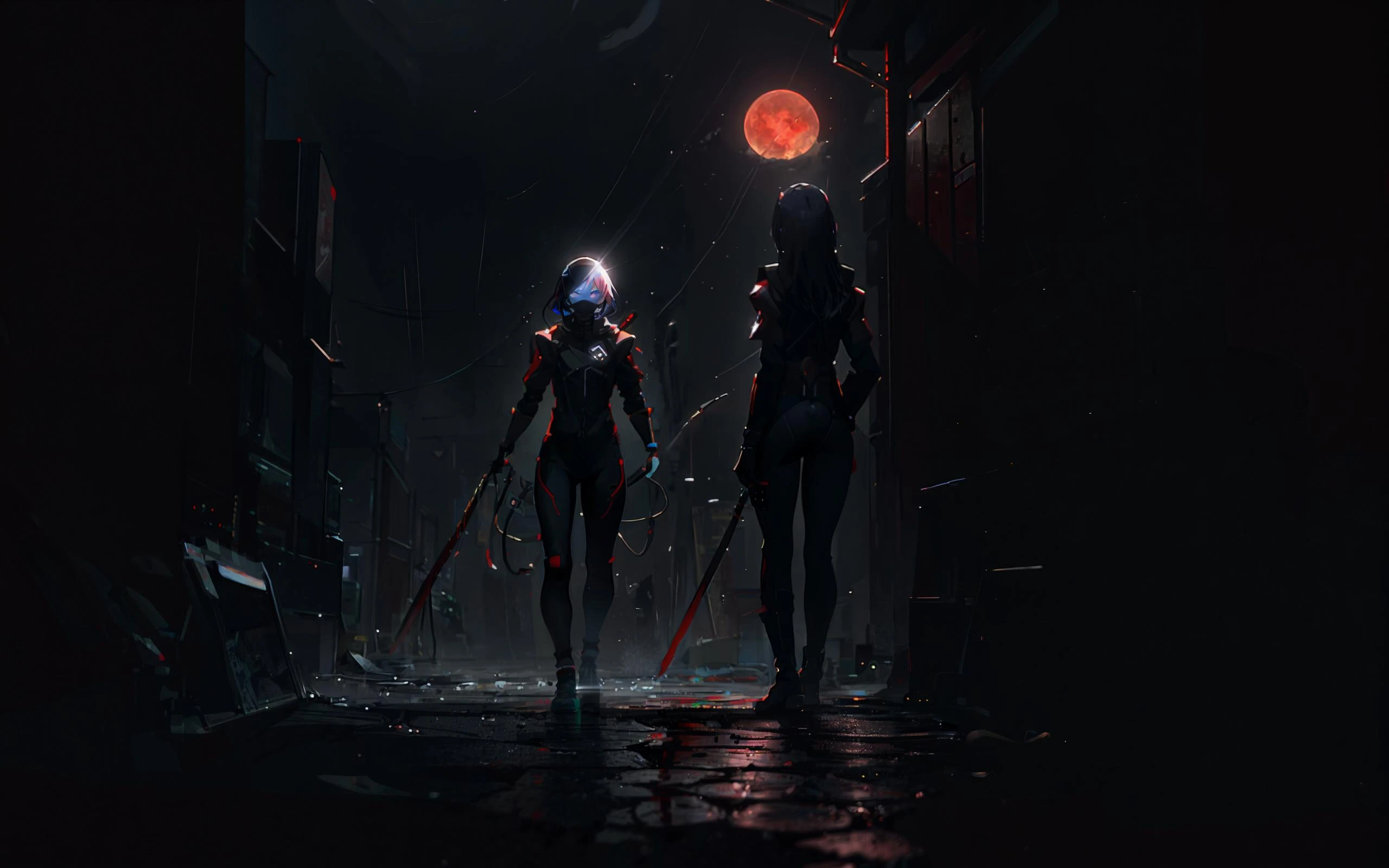 In a nightmare dimension plagued by demons. It's a dark place where the sun is blocked by the blood moon, providing only a faint light. Where blood falls as rain and death haunts the streets. There she's stands ready in a skin tight shadow fiber suit outfitted with magical lines and runes and a sword of glass which contains a liquid living shadow, 2.5d digital illustration, digital art, dark fantasy art style, splash art style, anime art, hdr, 8k, high contrast, <lora:locon-noise-offset:1>