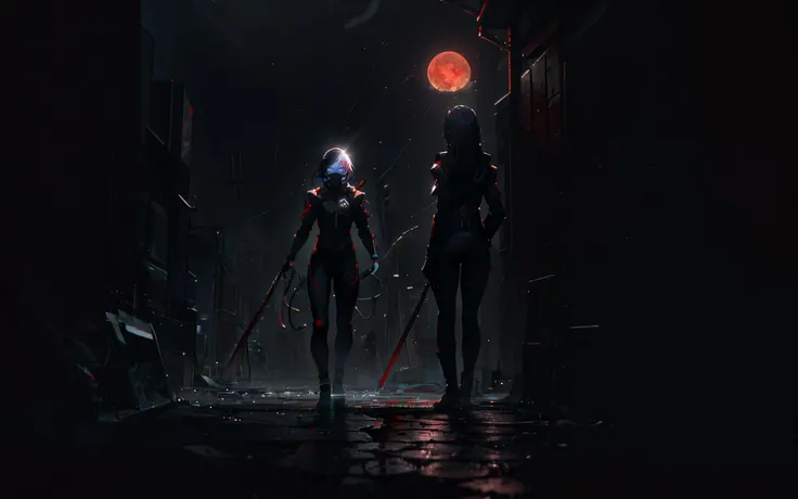 In a nightmare dimension plagued by demons. It's a dark place where the sun is blocked by the blood moon, providing only a faint light. Where blood falls as rain and death haunts the streets. There she's stands ready in a skin tight shadow fiber suit outfitted with magical lines and runes and a sword of glass which contains a liquid living shadow, 2.5d digital illustration, digital art, dark fantasy art style, splash art style, anime art, hdr, 8k, high contrast, <lora:locon-noise-offset:1>