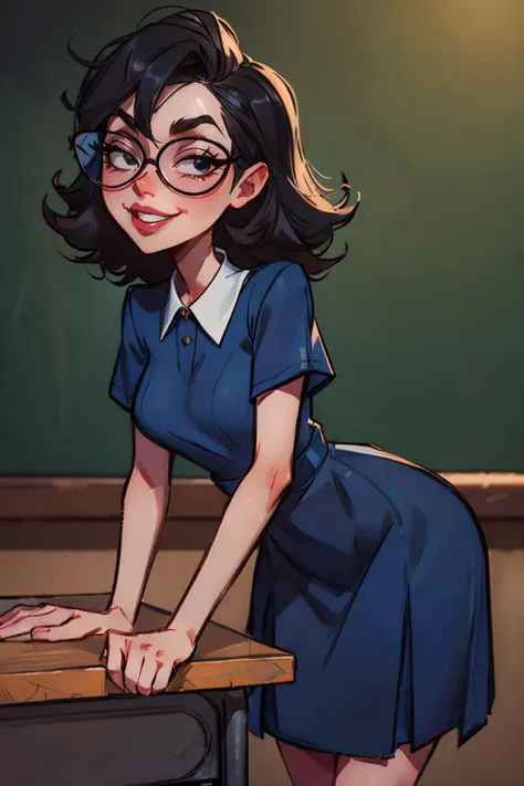 eleanor, black hair, black eyes,red lipstick, glasses, collared blue dress, short sleeves, looking at viewer, serious, smiling, leaning forward, on desk, classroom, chalkboard, soft lighting, high quality, masterpiece, <lora:eleanorbutterbean:.7>