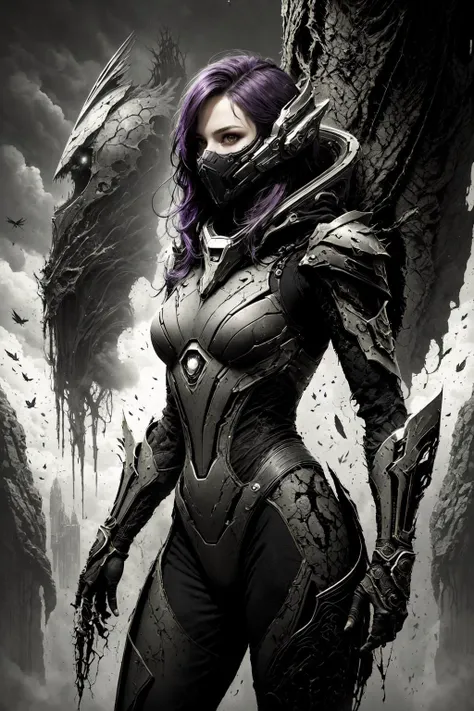fantasy art style, (masterpiece, best quality:1.3), cute girl, beautiful, ,Female warrior, solo ,warframe, medium shot, scenery, mouth mask, purple hair, hair between eyes, green eyes, long hair, medium breasts, (torn damaged armor:1.1), (solo), (futuristic spaceship:1.3), <lora:2shotStyle_v10:0.9>, grayscale , monochrome