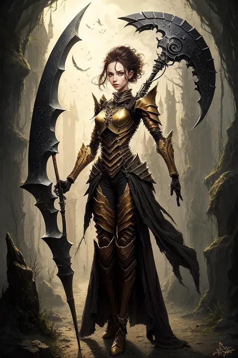 (fantasy art style:1.4), (masterpiece, best quality:1.2), cute girl, beautiful, elf, pointy ears, exoskeleton, full body, casual clothes, scythe, holding scythe, <lora:2shotStyle_v10:0.8>
