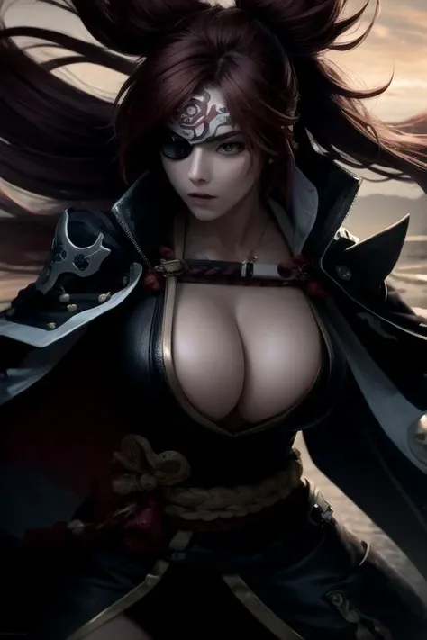 ((masterpiece, ultra detailed)), 1girl, solo, <lora:baikenGuiltyGear:1.0>, baikenms, (stunningly beautiful), large breasts, beautiful face, beautiful eyes, battle-stance ready, dynamic pose, <lora:lowra:0.6>, dark theme, hdr, HDR, bloom, volumetric lighting, emissive lighting, crespucular rays, godrays, dramatic lighting, dark lighting, (ornate), digital art, trending on artstation, award winning, fascinating, elegant, RAW photo, absurdres, 8k uhd