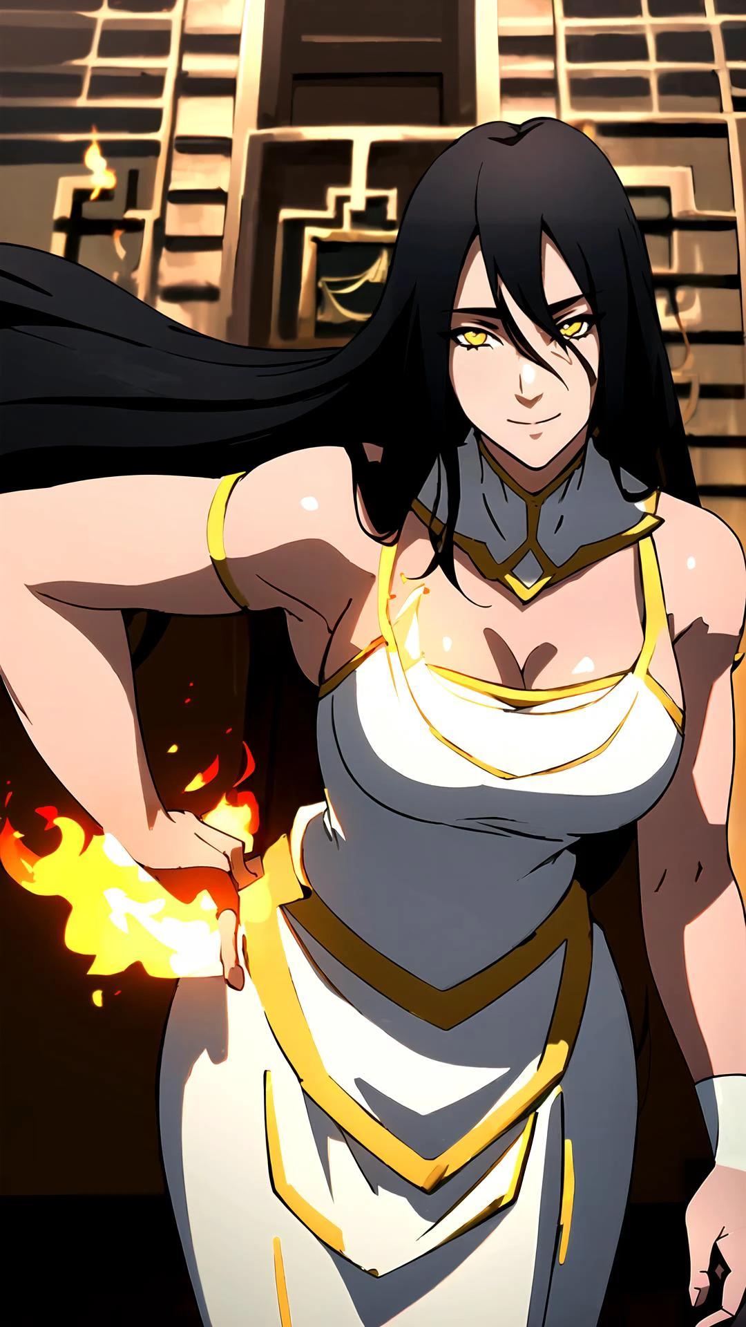 ((((masterpiece, best quality, high quality, highres, high detailed, colorful, detailed face)))), ((cowboy shot, standing, full body)), <lora:the_legend_of_korra_v2_offset:1>, <lora:Albedo_Overlord_v_1_2-000017:0.8>, 1girl, girl, white skin, white dress with gold, black hair, long hair, medium breasts, thick thighs, bare shoulders, detached collar, cleavage, light smile, looking at viewer, light particles, sidelighting, castle interior, yellow eyes, <lora:Fire_VFX-000010:0.2>, holding fire in one hand, pyrokinesis, magic fire, hand on hip,