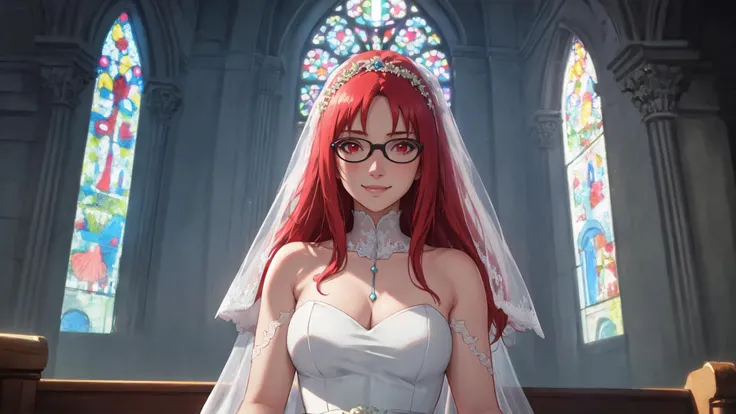 soft and warm color, movie still,bright, vivid,dreamy, evocative use of light and shadow, incredible beauty, anime style, vibrant, studio anime, beautiful, textural, ray tracing, absurdres, offical art, illustration, (((masterpiece))),(((best quality))),((ultra-detailed)), hayao miyazaki style, 1girl, aged_up, mature female, solo, looking at viewer, waist up, red hair, glasses, long hair, red eyes, karin, <lora:Sarada:0.8>, (wedding dress:1.3), Ñathedral, smile, happy, waiting for kiss, bridal veil