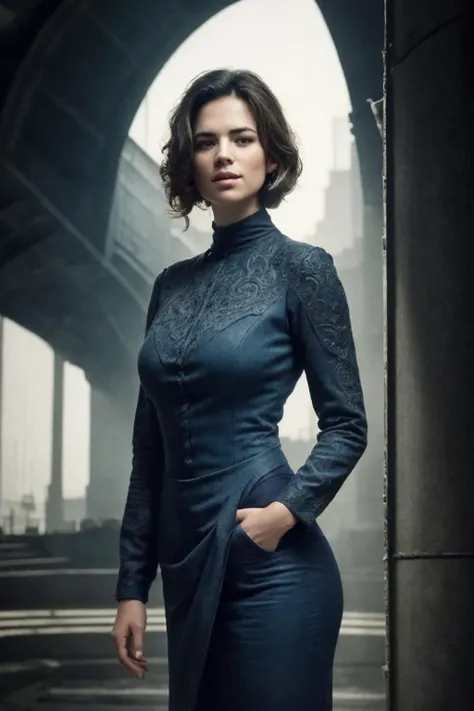 <lora:Hayley_Atwell:0.85> <lora:epiNoiseoffset_v2:0.8> (apterus style:1.3), (dark shot:1.4), 80mm, soft light, sharp, exposure blend, medium shot, bokeh, (hdr:1.4), (film grain:1.23), high contrast, (cinematic, teal and orange:0.85), (muted colors, dim colors, soothing tones:1.3), low saturation, (hyperdetailed:1.2), (noir:0.9),(intricate details, hyperdetailed:1.15), modelshoot style, Close-up comic book illustration of a happy skinny woman, 30 years old, with short black hair, wearing fancy tech jacket standing in an airport, ((hands inside pocket)), dramatic lighting, minimalistic, flat colors, washed colors, dithering, lineart, (detailed background:1.3), old aircraft in background, (full body:1.2), (long legs), (depth of field:1.4), (detailed face:1.1), (photo realistic:1.3), symetrical, octane render, 35mm, bokeh, 9:16, (intricate details:1.12), hdr, (intricate details, hyperdetailed:1.15), (natural skin texture, hyperrealism, soft light, sharp:1.2), (detailed skin:1.2)