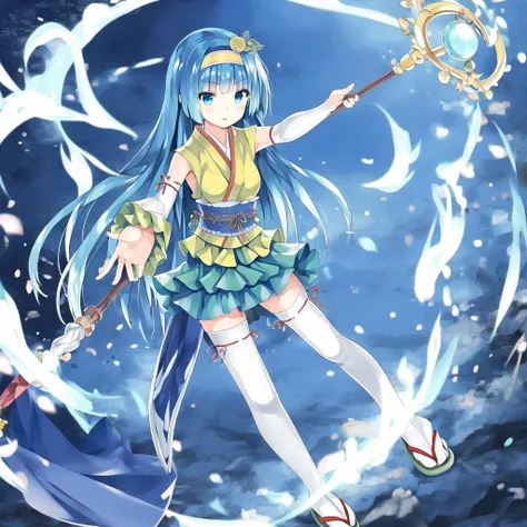 1girl, taketoritouka, fighting stance, battle, holding staff, magic, outstretched arms, village, <lora:magicawars-1-000003:0.8>
masterpiece,
long hair, thighhighs, blue eyes, detached sleeves, blue hair, hairband, sash, white thighhighs, japanese clothes, skirt, hair ornament, obi, yellow hairband, frills, very long hair, blue skirt, sleeveless, aqua hair, sandals, kimono, kimono skirt