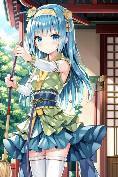 absurdres, highres, extremely detailed CG unreal engine 8k, best quality, ((dynamic), detailed fingers, detailed hands, detailed face), all intricate, 1girl, taketoritouka, young girl, standing, outside, bamboo broom, holding broom, cleaning, japanese shrine, surprised,
long hair, thighhighs, blue eyes, detached sleeves, blue hair, hairband, sash, white thighhighs, japanese clothes, skirt, hair ornament, obi, yellow hairband, frills, very long hair, blue skirt, sleeveless, aqua hair, sandals, kimono, kimono skirt
<lora:Magicawars2-000003:1>