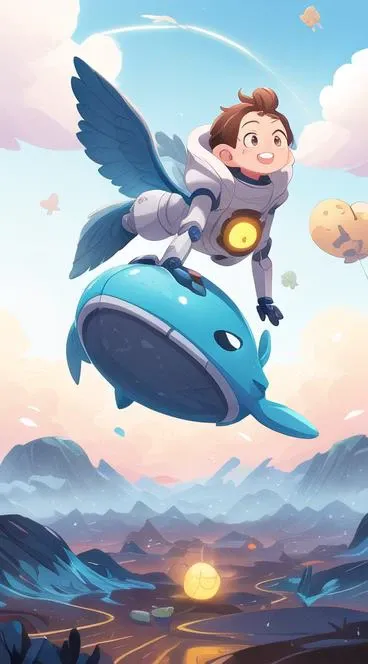 baozi,
a robot and a girl are flying in a Whales with a dog on it and a cat on the box, 
leaves, Whales, robots, riding, flying in the air, balloons, 
Clouds, seagulls, blue sky, grasslands, 
Green background, yellow theme,
masterpiece, best quality,8k wallpaper,Cinematic Lighting, virtual_youtuber,
simple style, simple background, cyberpunk, Graphic Design,Futuristic, Metallic, Robotic, Sci-fi, Technological, Augmented, Hyperrealistic, Anatomical, Elegant,light particles, energy sphere, light particles,beautiful detailed glow, rain, detailed lighting, anime,highly detailed painted,award winning glamour paintting,wonderful paintting,art style,stylized,