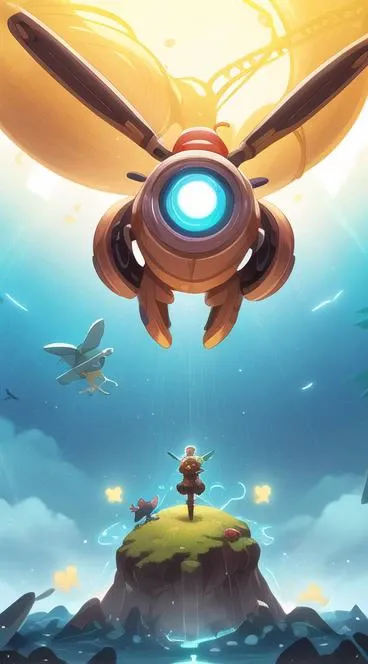 baozi,
a robot and a girl are flying in a Whales with a dog on it and a cat on the box,
leaves, Whales, robots, riding, flying in the air, balloons,
Clouds, seagulls, blue sky, grasslands,
Green background, yellow theme,
masterpiece, best quality,8k wallpaper,Cinematic Lighting, virtual_youtuber,
simple style, simple background, cyberpunk, Graphic Design,Futuristic, Metallic, Robotic, Sci-fi, Technological, Augmented, Hyperrealistic, Anatomical, Elegant,light particles, energy sphere, light particles,beautiful detailed glow, rain, detailed lighting, anime,highly detailed painted,award winning glamour paintting,wonderful paintting,art style,stylized,