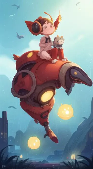 baozi,
a robot and a girl are flying in a Whales with a dog on it and a cat on the box,
leaves, Whales, robots, riding, flying in the air, balloons,
Clouds, seagulls, blue sky, grasslands,
Green background, yellow theme,
masterpiece, best quality,8k wallpaper,Cinematic Lighting, virtual_youtuber,
simple style, simple background, cyberpunk, Graphic Design,Futuristic, Metallic, Robotic, Sci-fi, Technological, Augmented, Hyperrealistic, Anatomical, Elegant,light particles, energy sphere, light particles,beautiful detailed glow, rain, detailed lighting, anime,highly detailed painted,award winning glamour paintting,wonderful paintting,art style,stylized,
