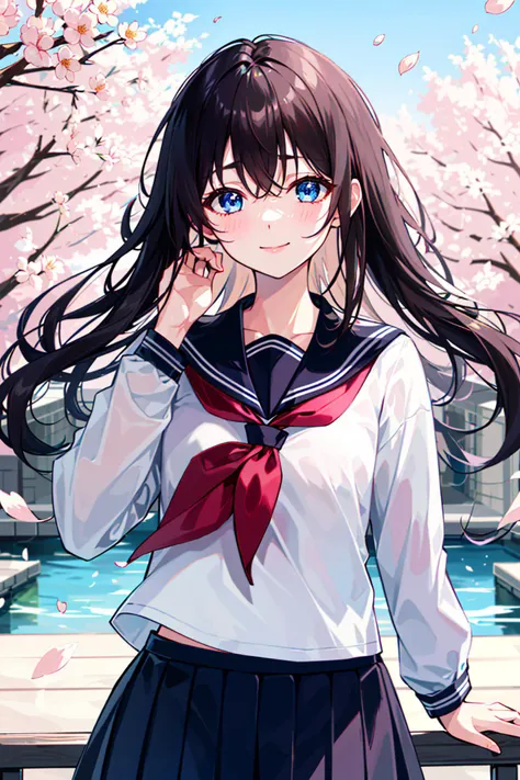 (upper_body:1.5), close-up, cherry_blossoms, outdoors, day, spring_\(season\), 1girl, smile, solo, bangs, blue_eyes, blush, closed_mouth, looking_at_viewer, long_hair, brown_hair, branch, eyebrows_visible_through_hair, floating_hair,hair_between_eyes, blue_sailor_collar, serafuku, long_sleeves, neckerchief, pleated skirt, pink_flower, petals, tree, white_shirt, wind, railing, sky <lora:style_AGM:0>