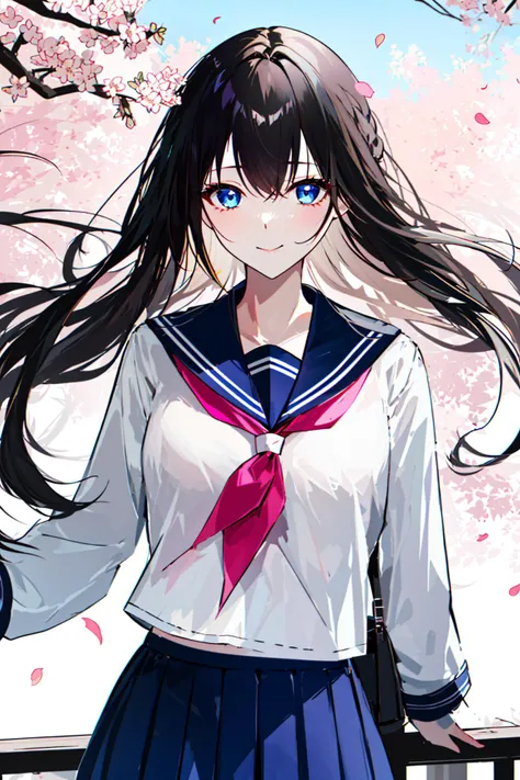 (upper_body:1.5), close-up, cherry_blossoms, outdoors, day, spring_\(season\), 1girl, smile, solo, bangs, blue_eyes, blush, closed_mouth, looking_at_viewer, long_hair, brown_hair, branch, eyebrows_visible_through_hair, floating_hair,hair_between_eyes, blue_sailor_collar, serafuku, long_sleeves, neckerchief, pleated skirt, pink_flower, petals, tree, white_shirt, wind, railing, sky <lora:style_AGM:0.9>