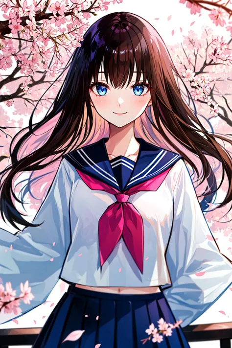 (upper_body:1.5), close-up, cherry_blossoms, outdoors, day, spring_\(season\), 1girl, smile, solo, bangs, blue_eyes, blush, closed_mouth, looking_at_viewer, long_hair, brown_hair, branch, eyebrows_visible_through_hair, floating_hair,hair_between_eyes, blue_sailor_collar, serafuku, long_sleeves, neckerchief, pleated skirt, pink_flower, petals, tree, white_shirt, wind, railing, sky <lora:style_fujichoko:0.8>