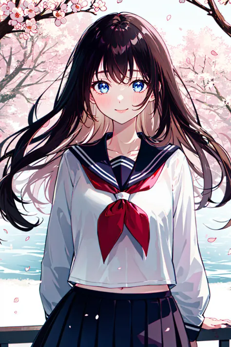 (upper_body:1.5), close-up, cherry_blossoms, outdoors, day, spring_\(season\), 1girl, smile, solo, bangs, blue_eyes, blush, closed_mouth, looking_at_viewer, long_hair, brown_hair, branch, eyebrows_visible_through_hair, floating_hair,hair_between_eyes, blue_sailor_collar, serafuku, long_sleeves, neckerchief, pleated skirt, pink_flower, petals, tree, white_shirt, wind, railing, sky <lora:style_gomzi:0.8>