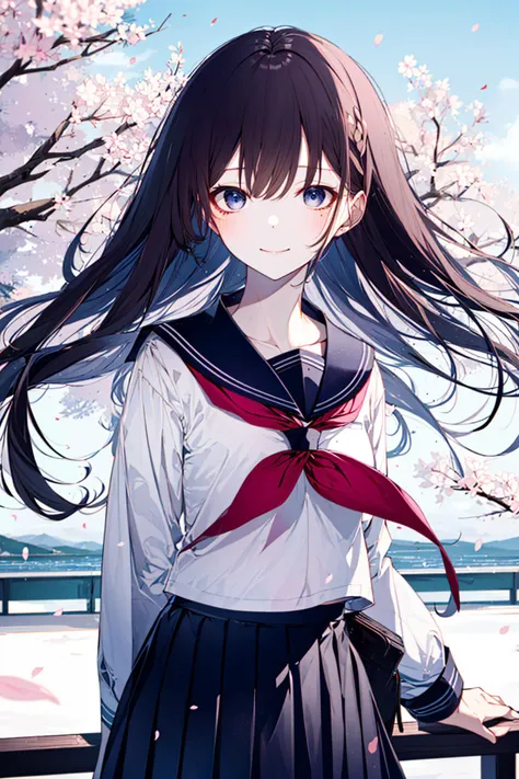 (upper_body:1.5), close-up, cherry_blossoms, outdoors, day, spring_\(season\), 1girl, smile, solo, bangs, blue_eyes, blush, closed_mouth, looking_at_viewer, long_hair, brown_hair, branch, eyebrows_visible_through_hair, floating_hair,hair_between_eyes, blue_sailor_collar, serafuku, long_sleeves, neckerchief, pleated skirt, pink_flower, petals, tree, white_shirt, wind, railing, sky <lora:style_Hitoimim:0.8>