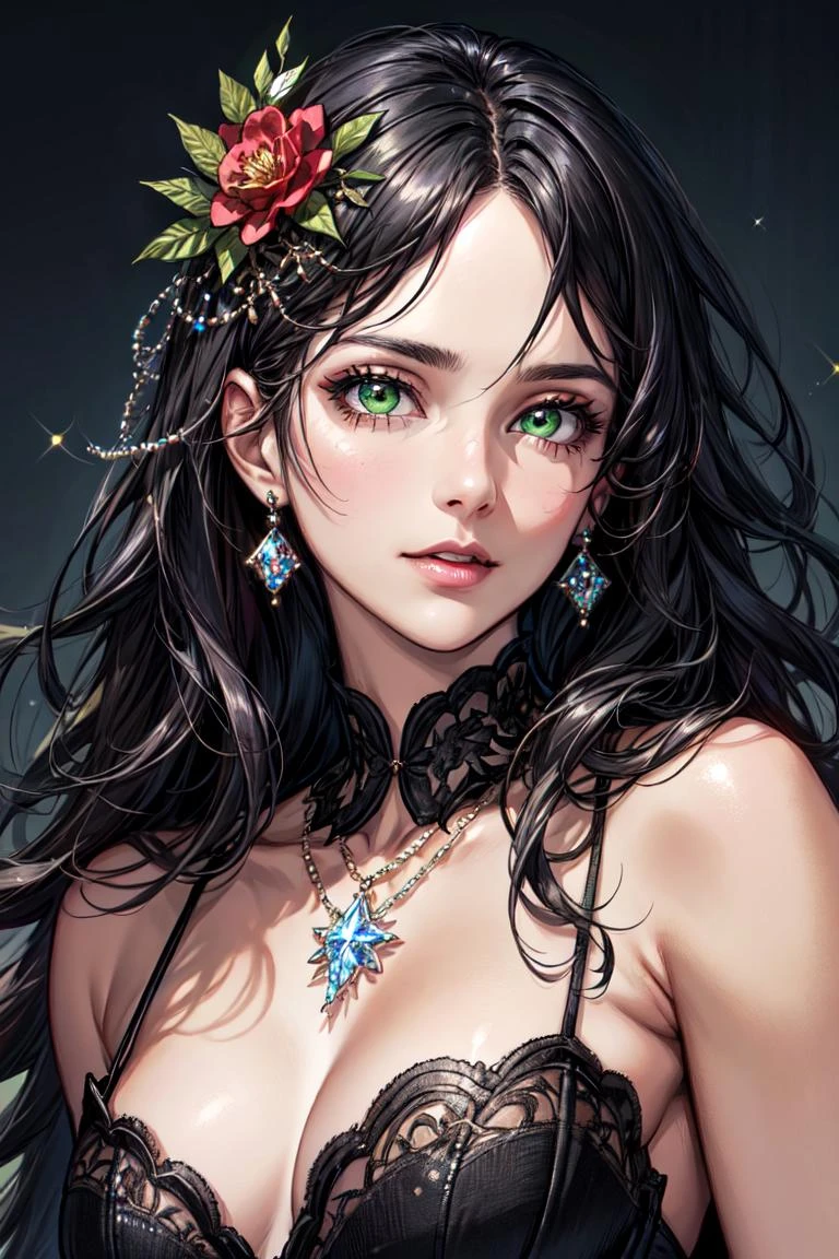 (masterpiece, best quality, highres, ultra-detailed), 1woman, adult, mature, wavy black hair, green eyes, perfect face, detailed eyes and face, slip dress, crystal ornament, swarovski style, glimmering, shimmerimg, intricate details, cowboy shot