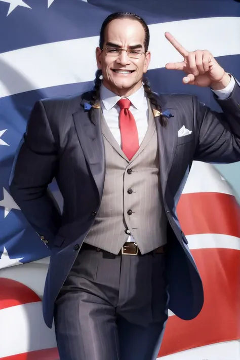 <lora:senatorArmstrong:0.3> senatorarmstrong, muscular male, <lora:TwinSideBraids:1> TwinSideBraids, bow, hair bow, suit, (2 sidebbraids),smile, v sign