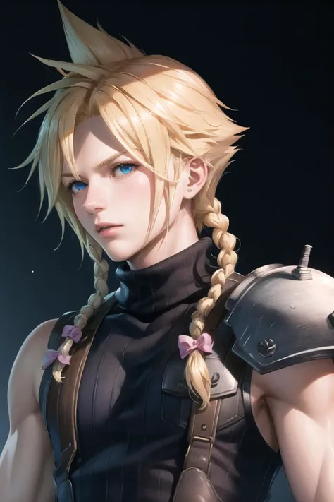 Highly detailed, High Quality, Masterpiece, beautiful, TwinSideBraids, <lora:TwinSideBraids:1>, 1boy, solo, upper body, cloud strife, shoulder armor, sleeveless turtleneck, <lora:Char_FF7Remake_CloudStrife:0.9>